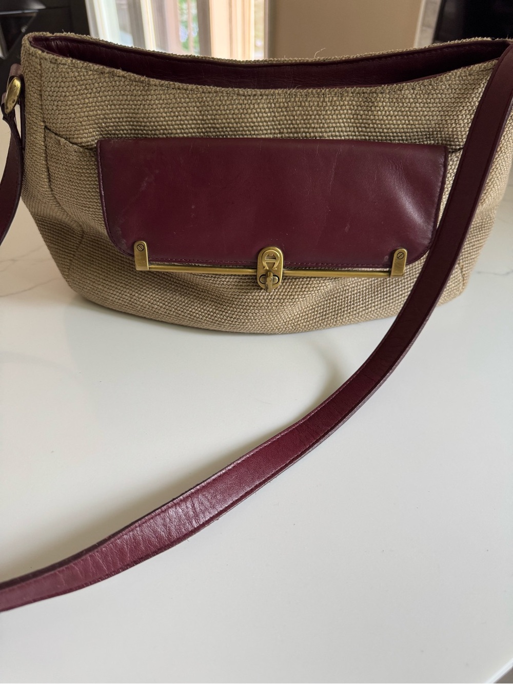 Vintage Etienne Aigner Beige Canvas Shoulder Bag with Burgundy Leather Trim